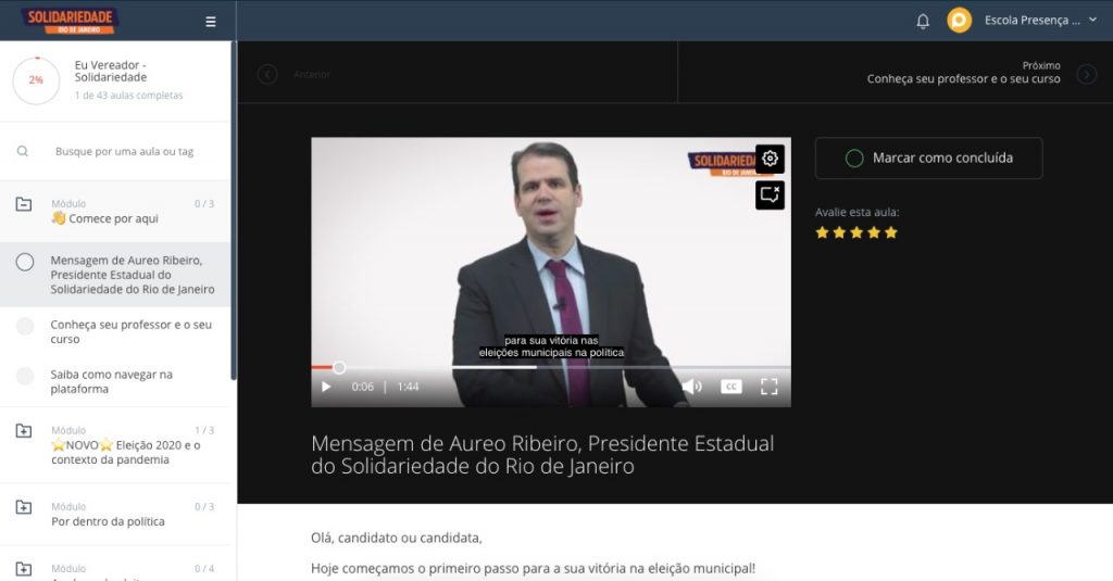 Aureo Ribeiro, presidente do Solidariedade Rio de Janeiro, na abertura do curso on-line, com Marcelo Vitorino